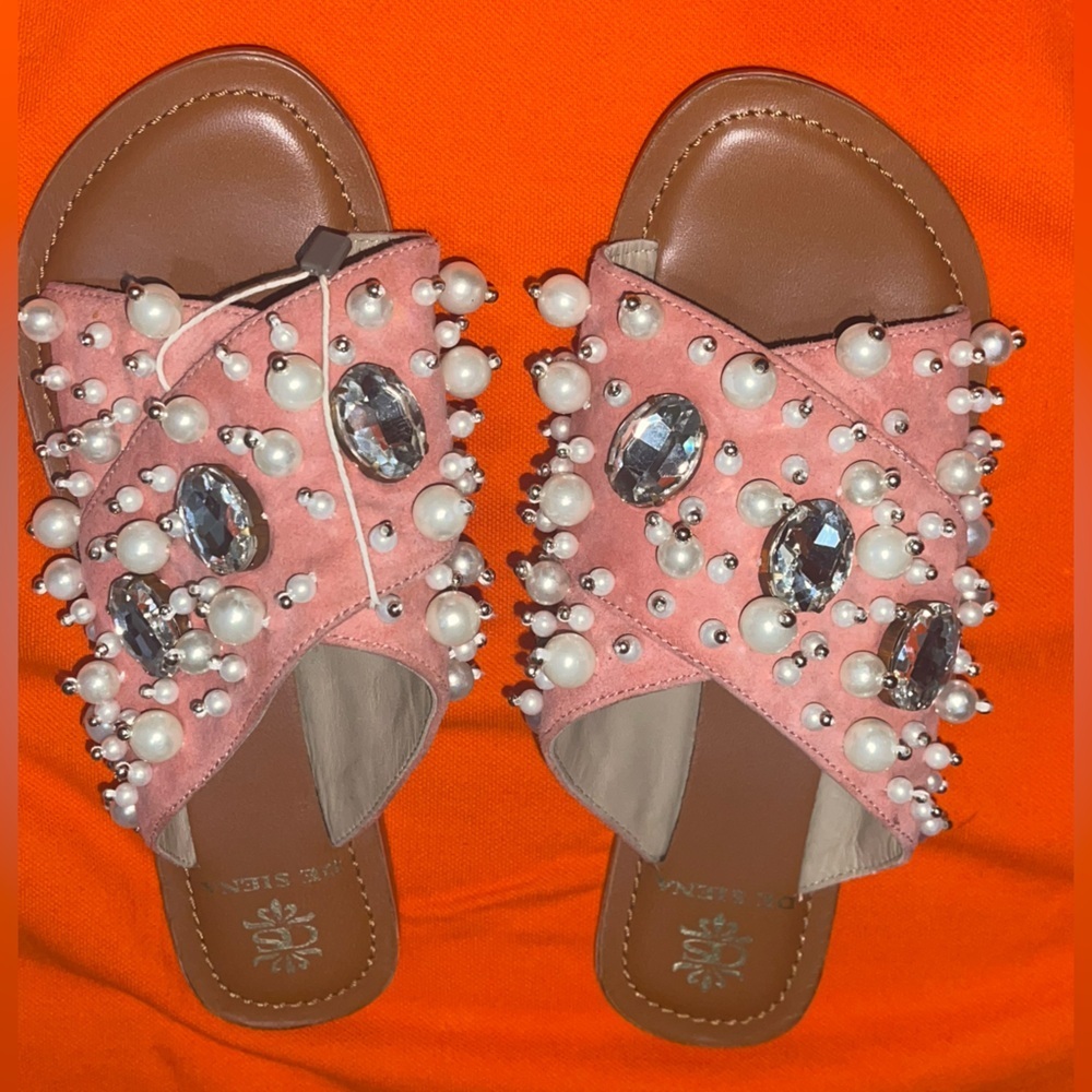 Anthropologie De Siena Genuine Leather Beaded Bejeweled Womens Flat Sandals sz36